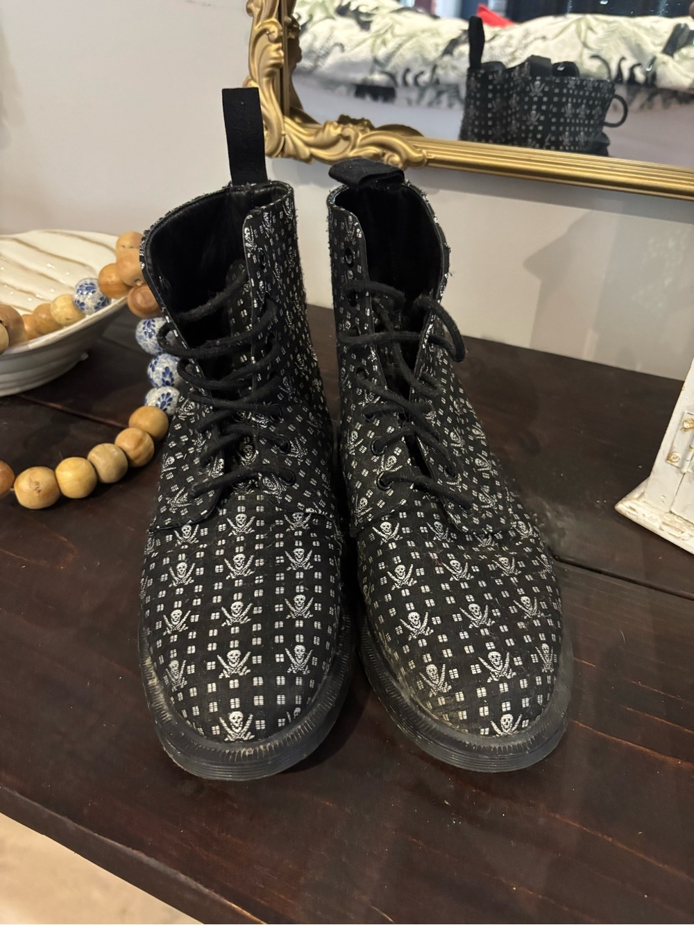 Doc Marten’s Black Skull Print Lace-Up Combat Boots